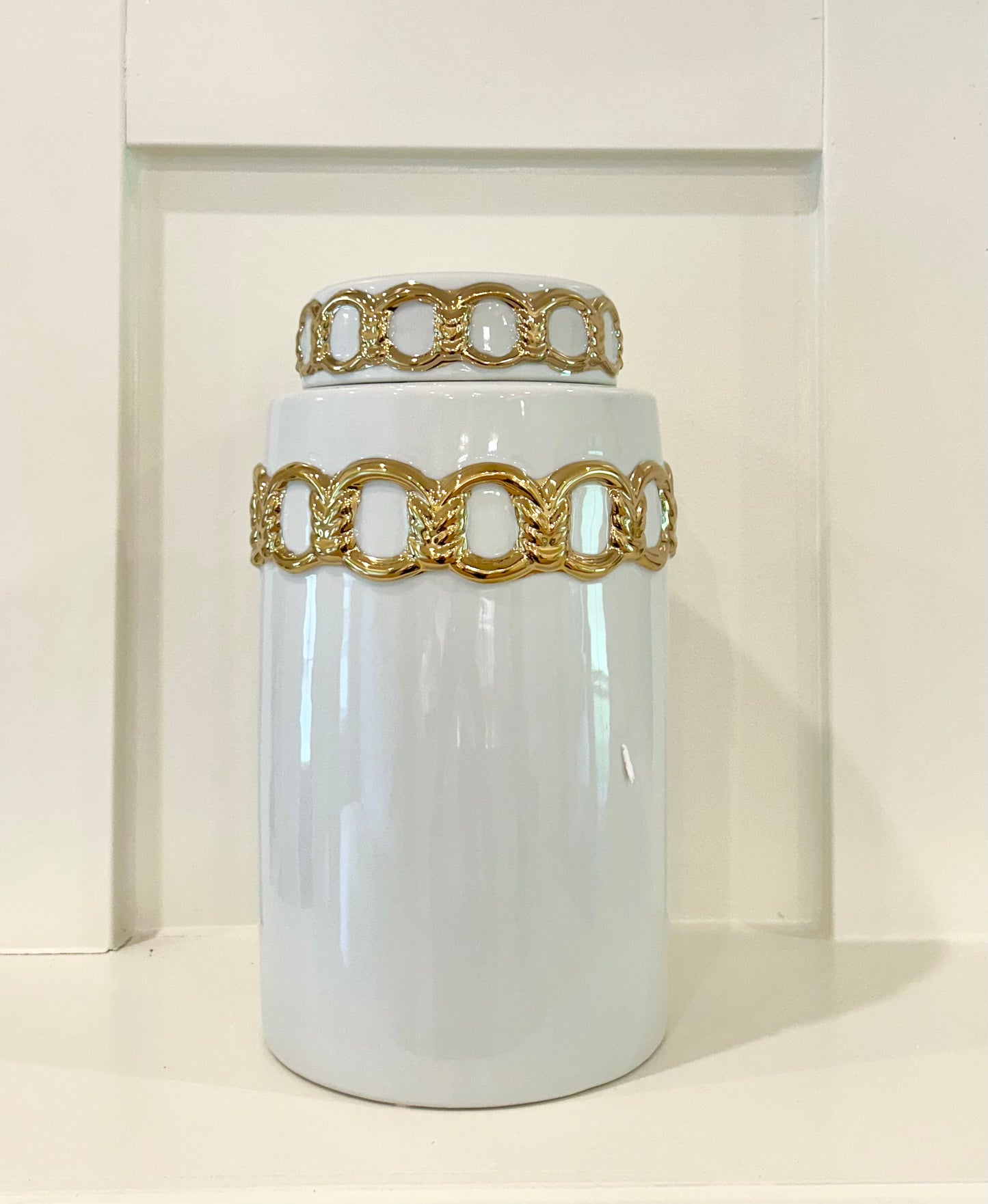 White Ceramic Jar With Gold Chain