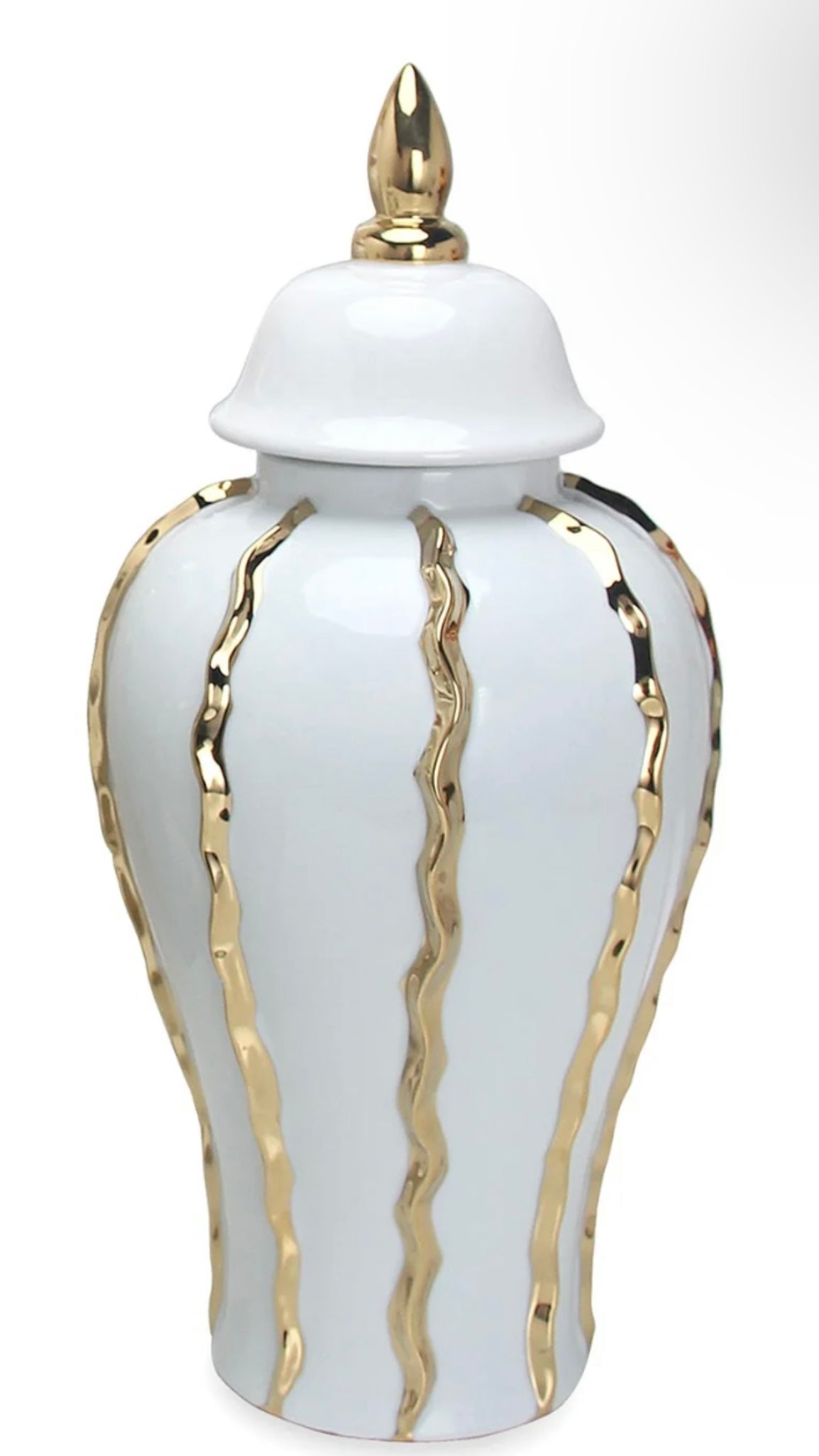 White Ginger Jar With Vertical Gold Trims